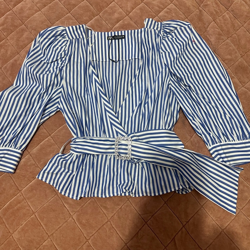 Zara Blue and White Puff Sleeve Wrap Blouse